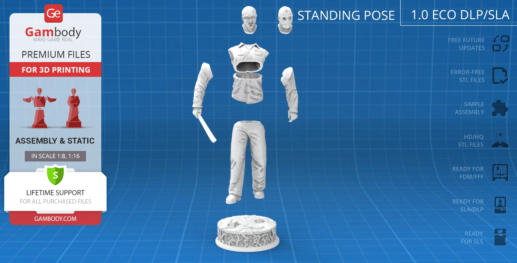 3D printable Jason Voorhees model with separate parts includes head, torso, arms, legs, and base.