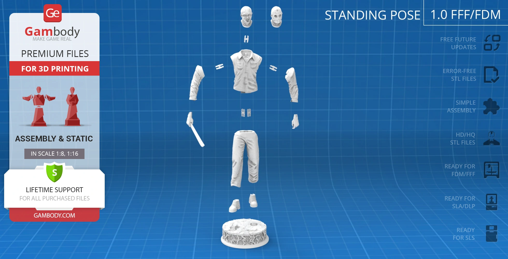Exploded view of a 3D printable Jason Voorhees model with individual parts shown for assembly.