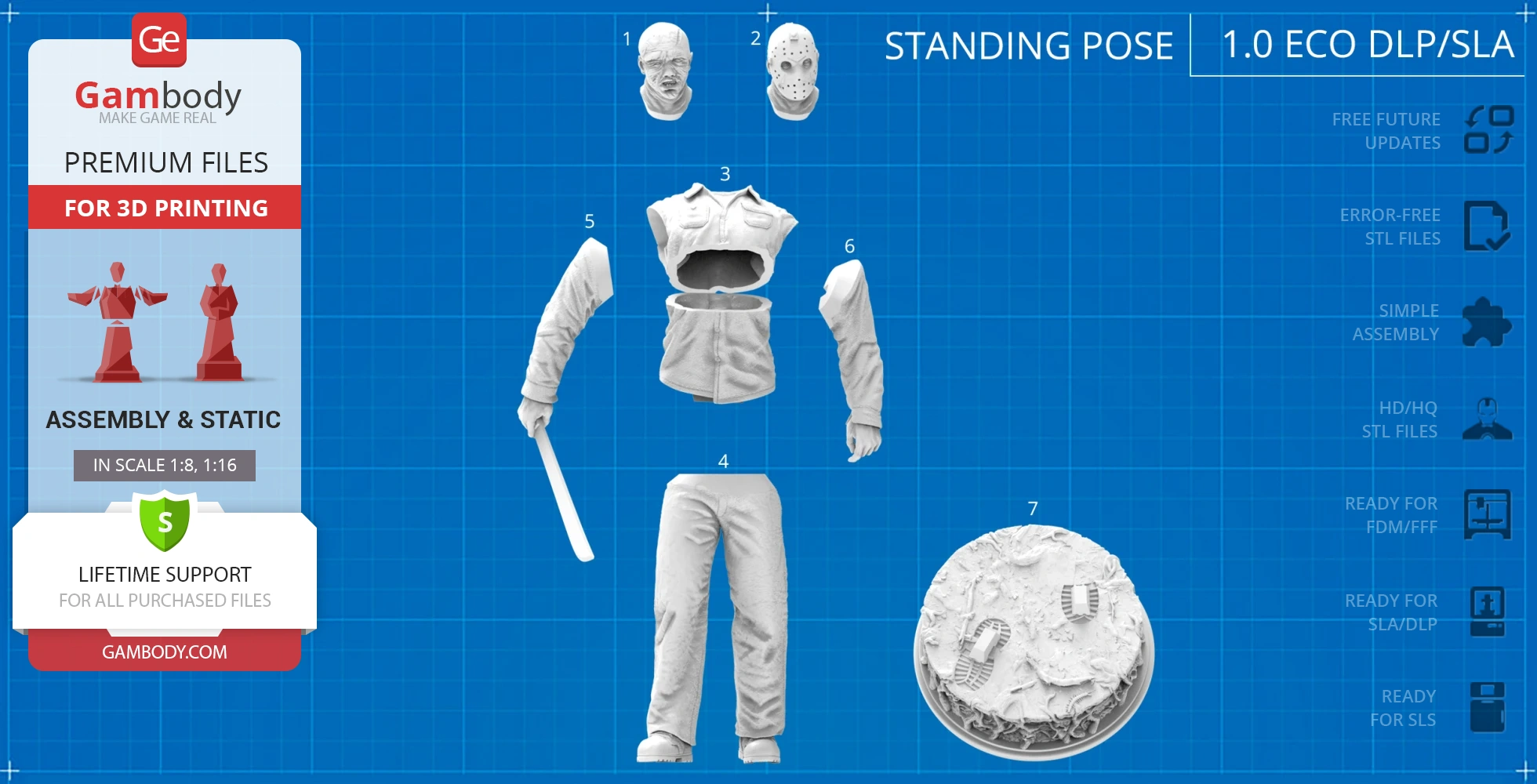 3D printable model of a horror character in pieces, including head options, torso, limbs, and base.