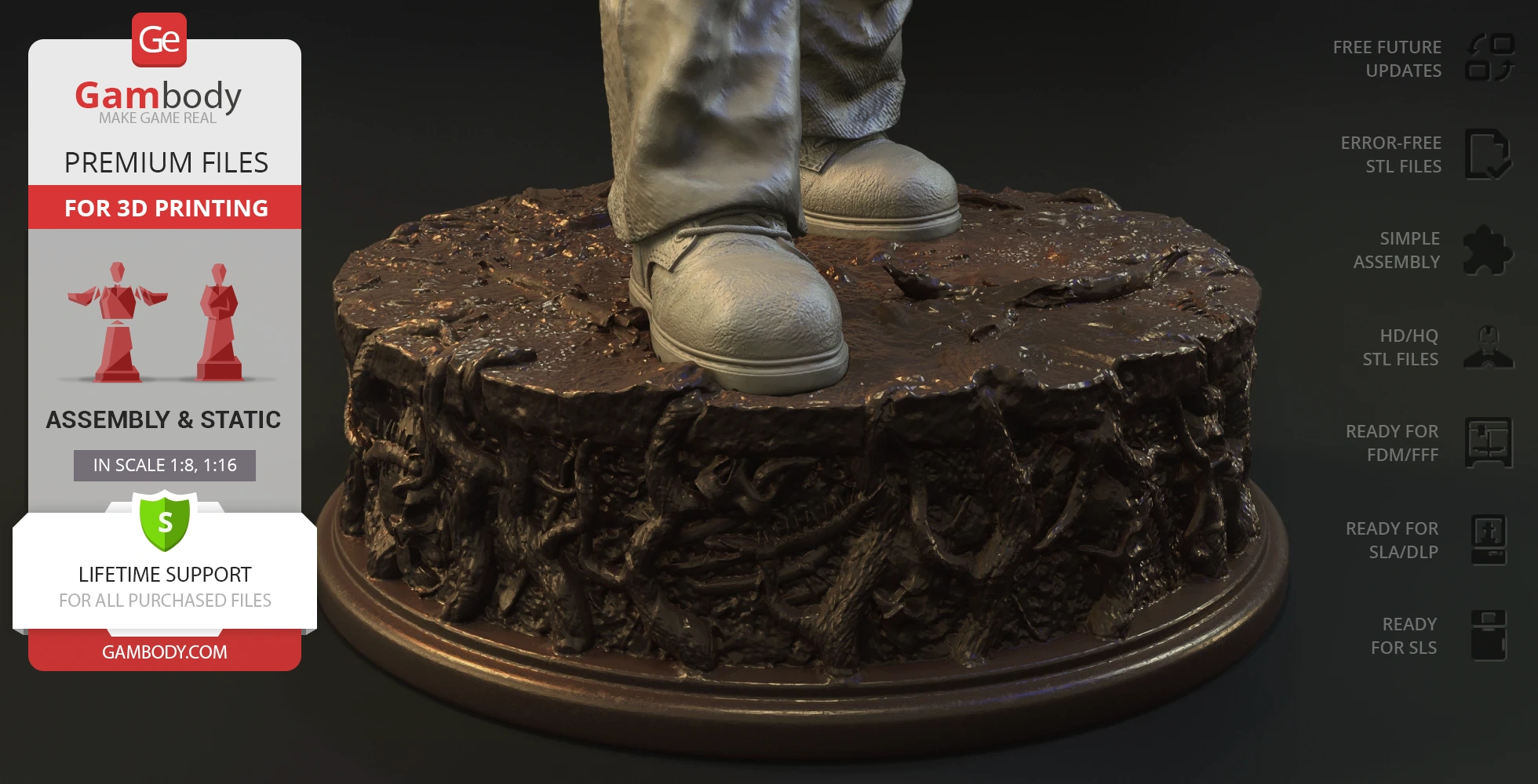 Boots standing on a textured, muddy base with tangled roots. Label for 3D printing options visible.