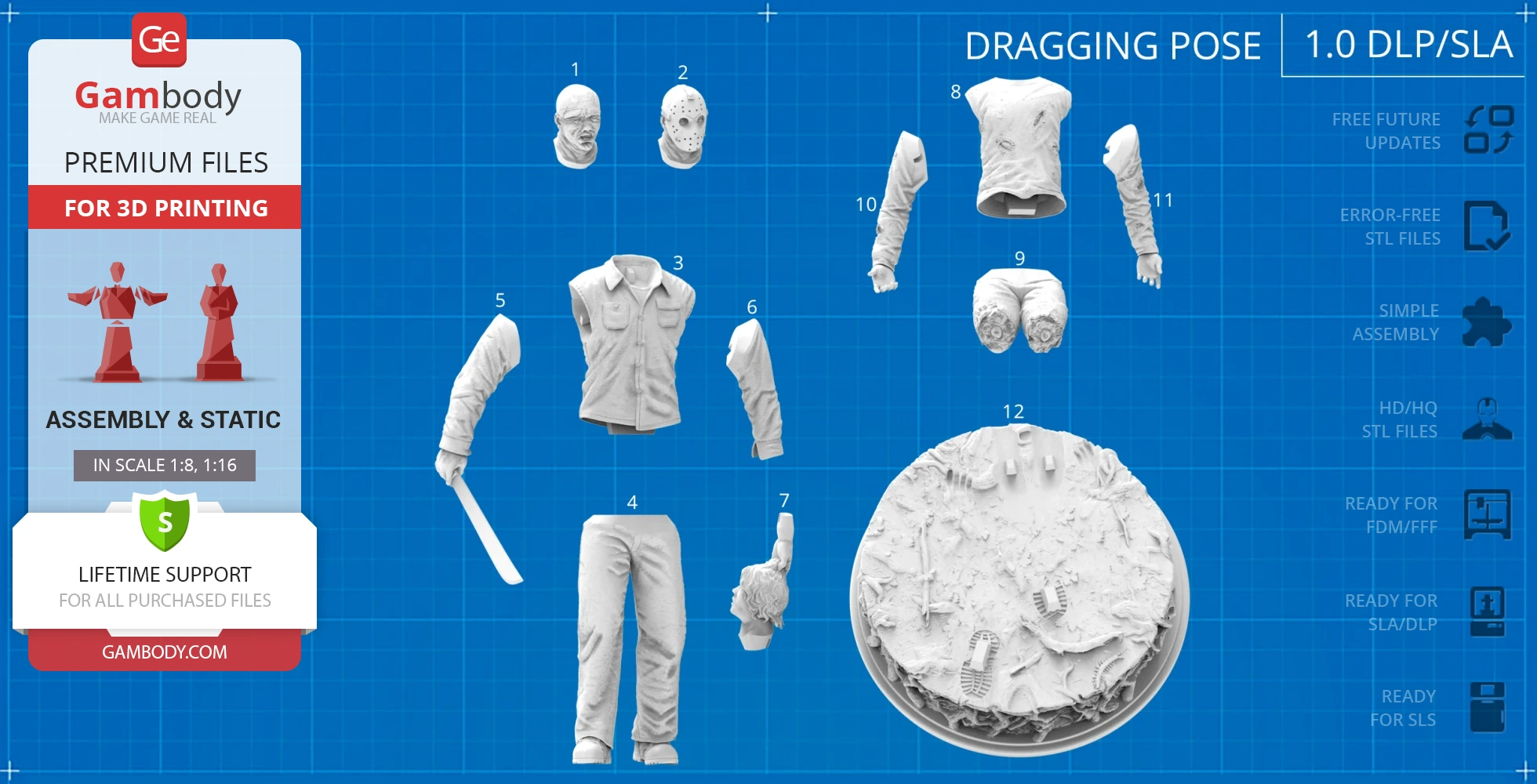 3D model parts of a horror character including heads, torso, arms, pants, and a scenic base for assembly.