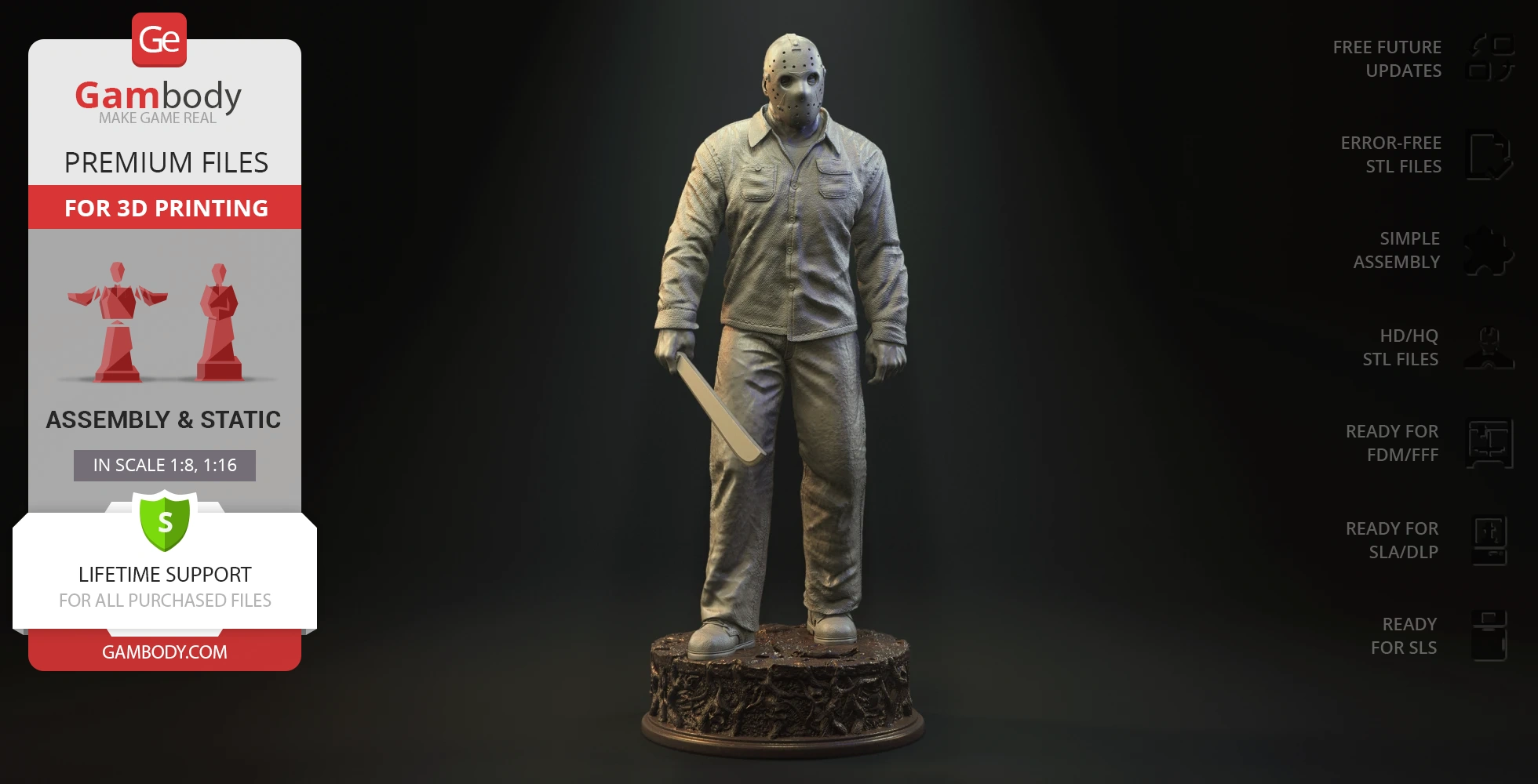 A detailed 3D model of a masked figure holding a machete, standing on a textured base.