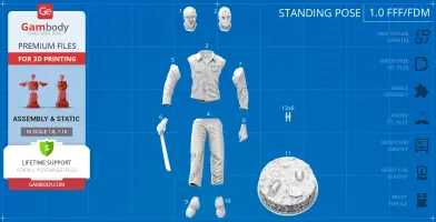 3D printable parts of Jason Voorhees: head, mask, torso, limbs, machete, base stand.