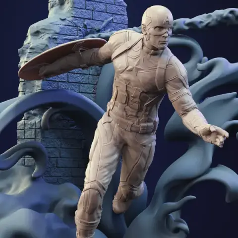 A 3D printable model of a superhero with a shield and hammer, wearing a star-emblazoned suit.