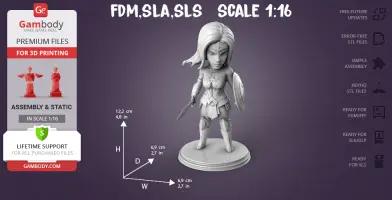 Chibi-style Wonder Woman figurine, standing on a base, ready for 3D printing.