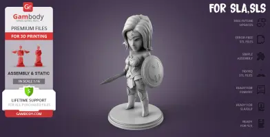 Chibi-style Wonder Woman 3D model holding a sword and shield, standing on a circular base.