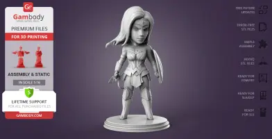 Chibi-style Wonder Woman 3D model, standing with a shield on a round base.