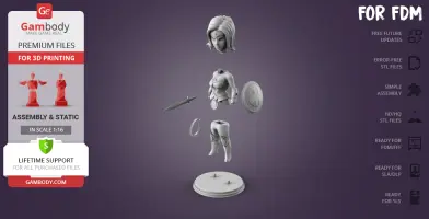 Chibi Wonder Woman 3D model in parts: head, torso, arms, legs, base, sword, and shield for printing.