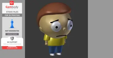 3D model of a cartoonish character with a yellow shirt and blue pants, looking concerned.