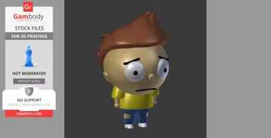 Cartoonish 3D character with brown hair, large eyes, yellow shirt, and blue pants, looking concerned.