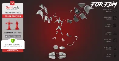 3D printable model pieces of Bahamut from Final Fantasy displayed on a red background.