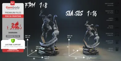 A detailed 3D model of a muscular creature in action pose, available in two scales for printing.