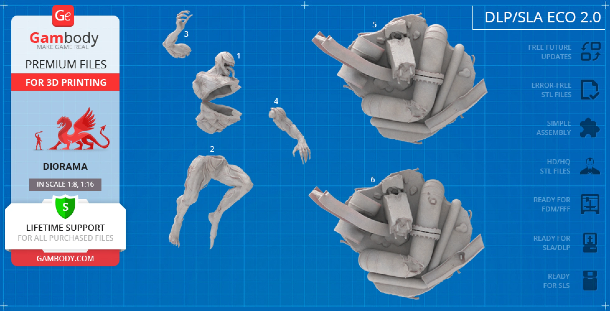 3D printable Venom model parts shown, including limbs and body segments, on a blue grid background.