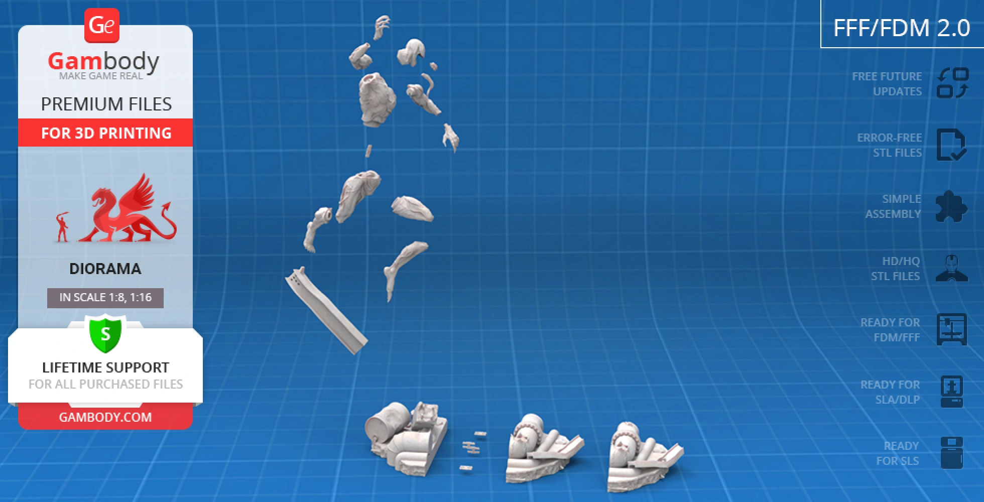 Disassembled 3D model parts for Venom on a blue grid background; labeled for 3D printing.