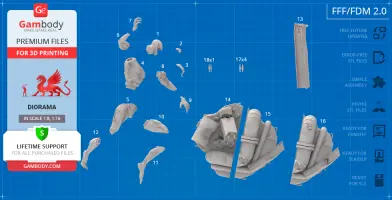 3D model parts for printing Venom figure, displayed over a blue grid background.