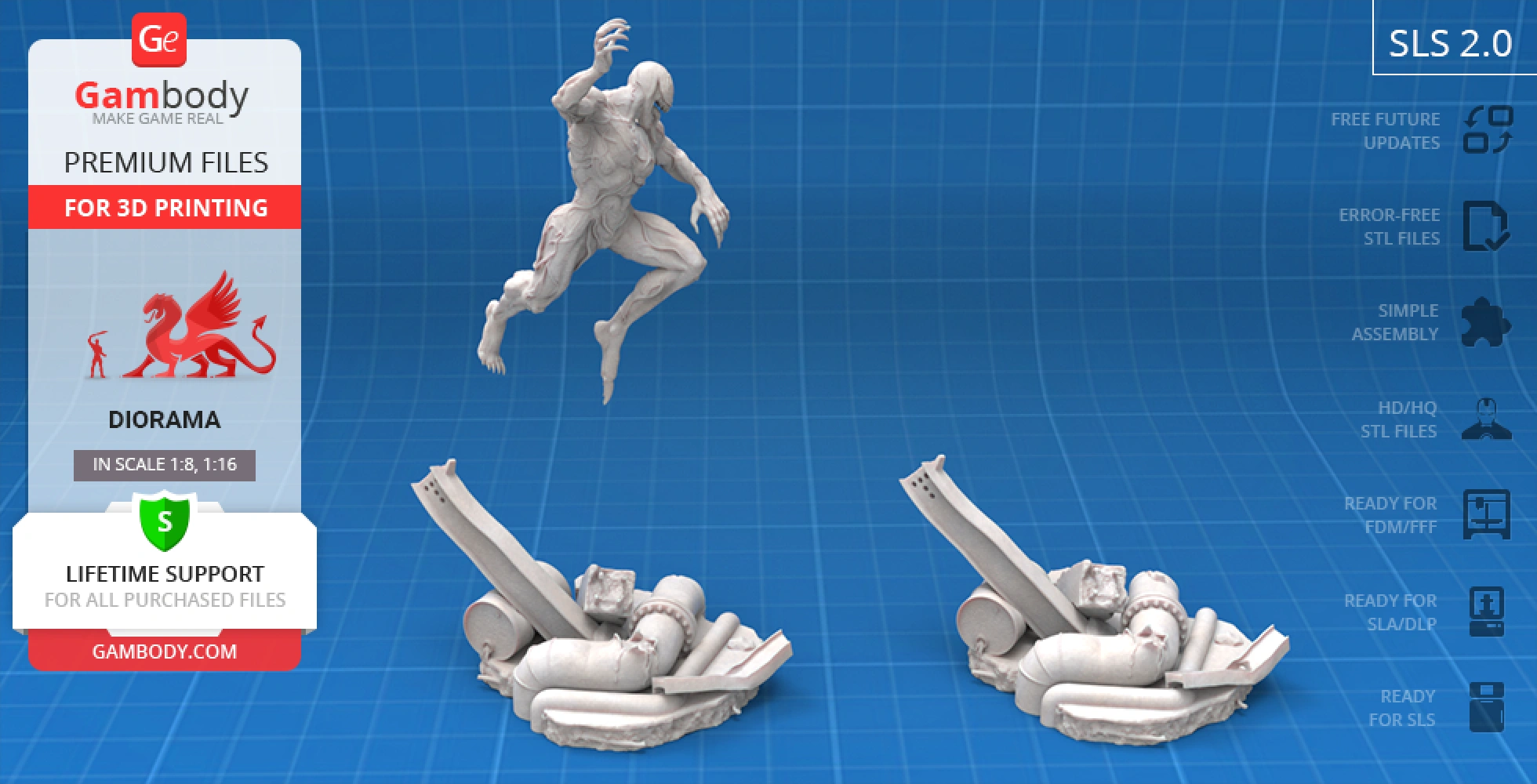 3D model of a dynamic figure leaping over industrial debris, available for printing from Gambody.