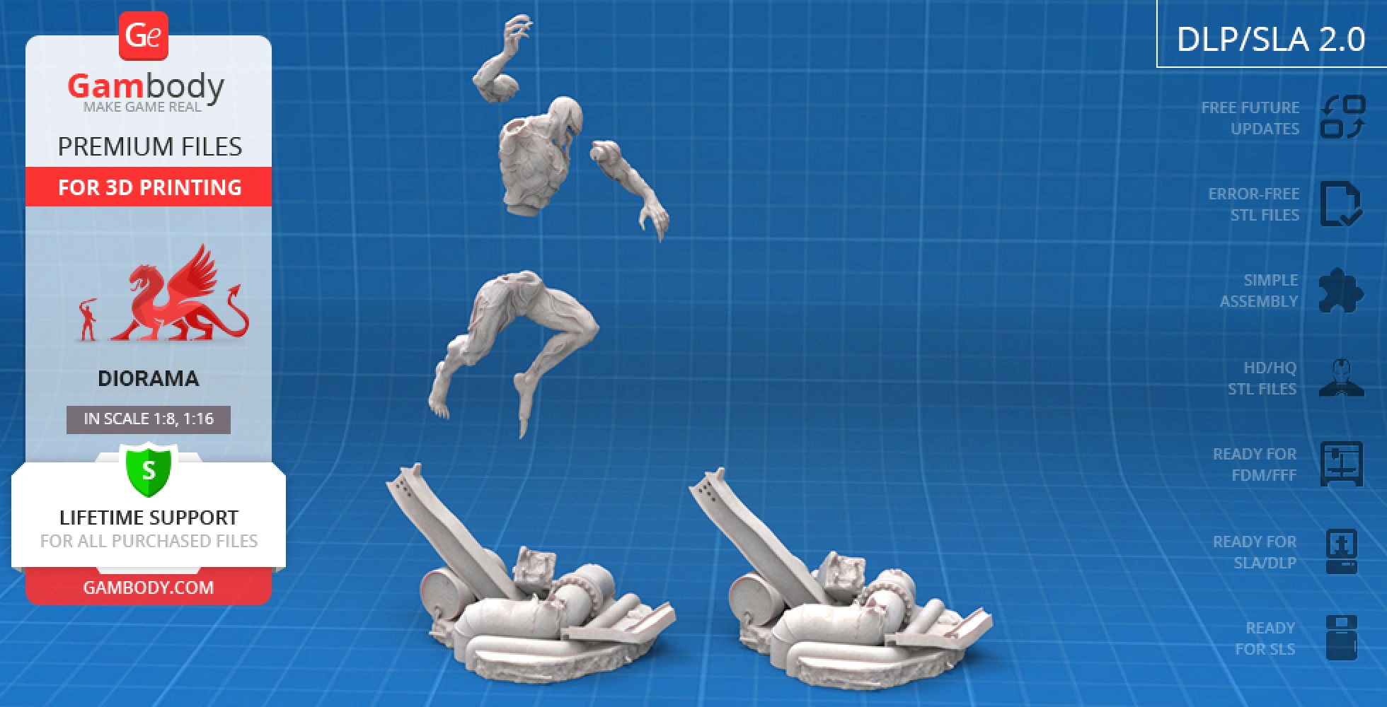 3D model of a leaping figure with muscular detail, displayed over a blue grid background, with base parts.