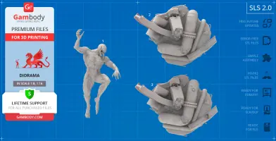 A 3D model of a muscular creature with sharp claws in a dynamic pose, ready for 3D printing on Gambody.