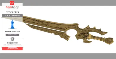 Ornate, golden sword with engravings, featuring a detailed hilt and curved, angular blade for 3D printing.