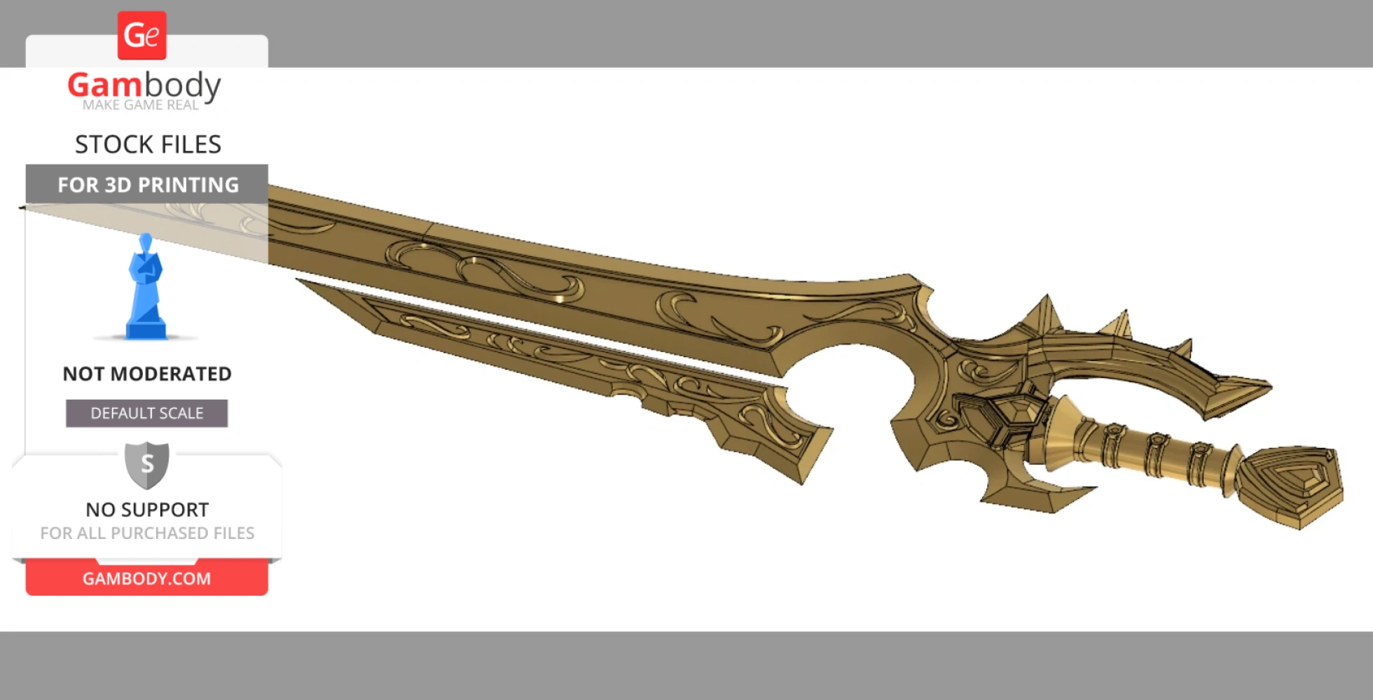 Ornate, golden sword with engravings, featuring a detailed hilt and curved, angular blade for 3D printing.
