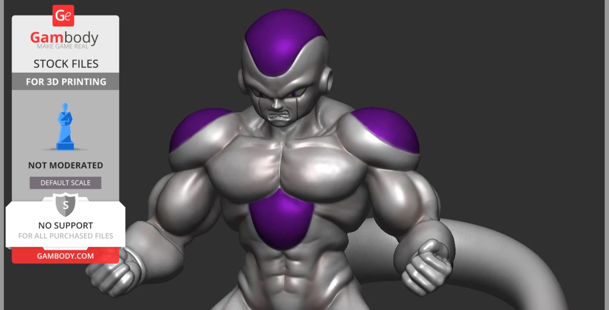 A muscular alien figure with purple accents, clenched fists, and a stern expression, designed for 3D printing.