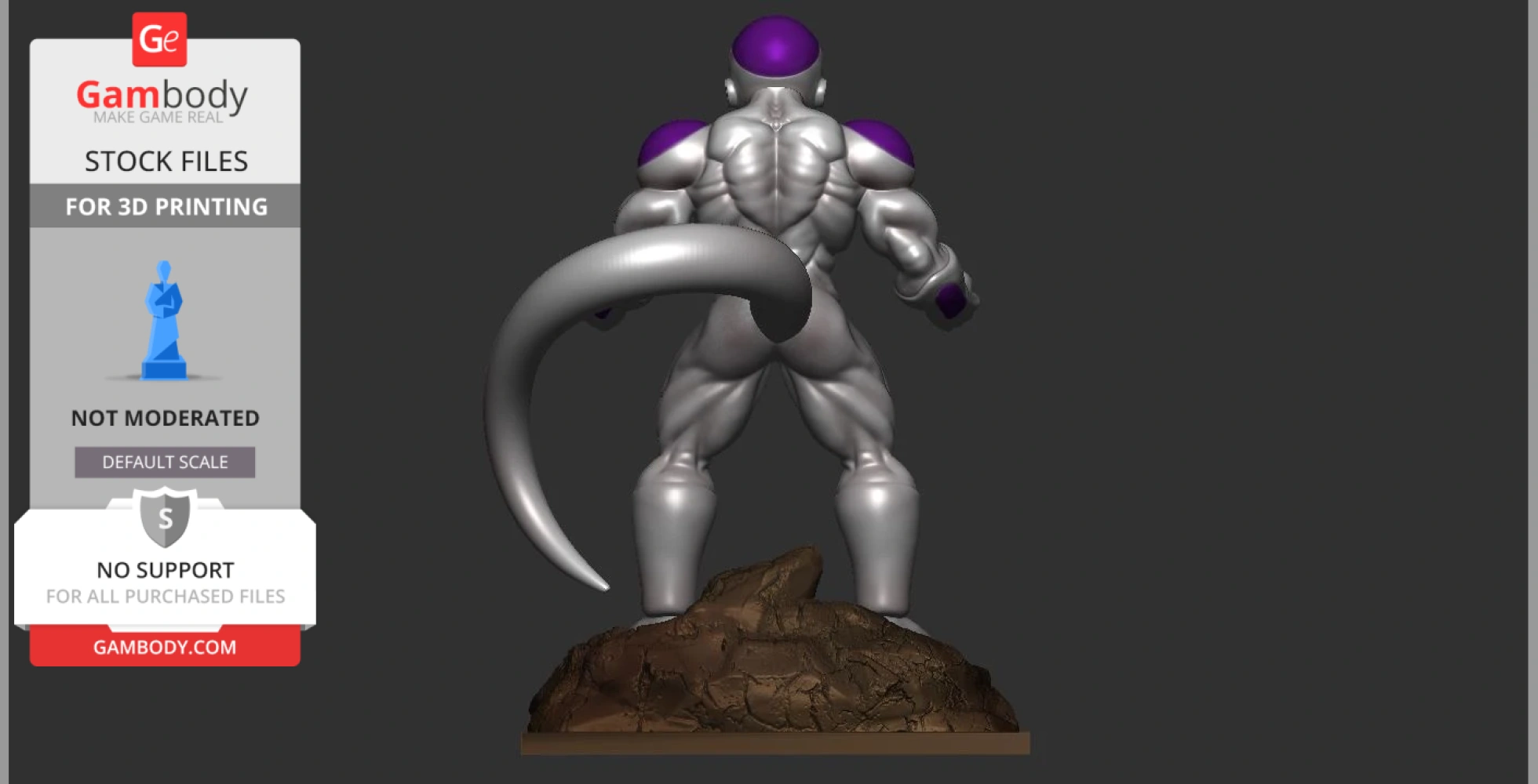 A muscular alien figure with a tail stands on a rocky base, facing away.