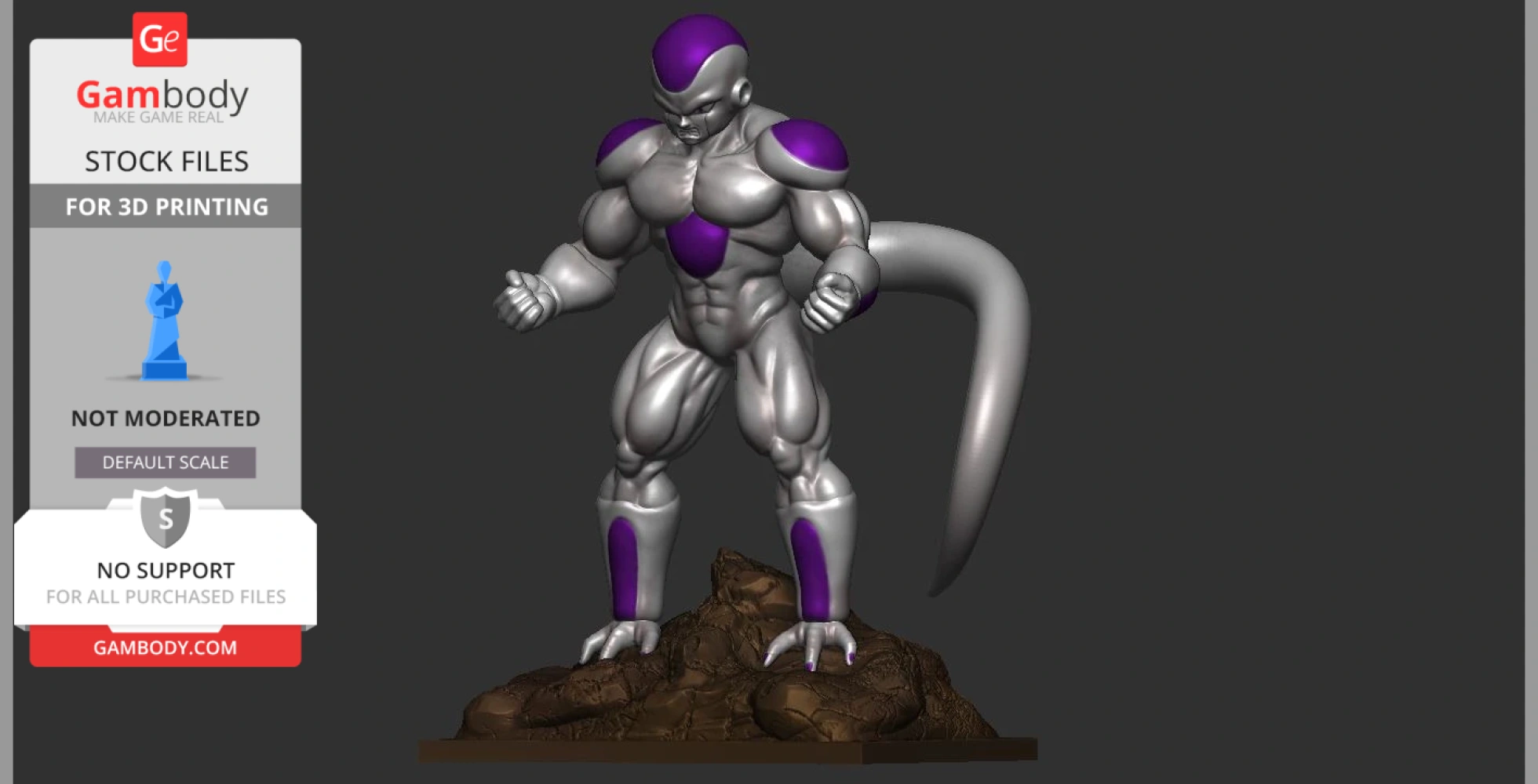 3D model of a sleek, muscular humanoid with purple accents and a long tail, standing on a rocky base.