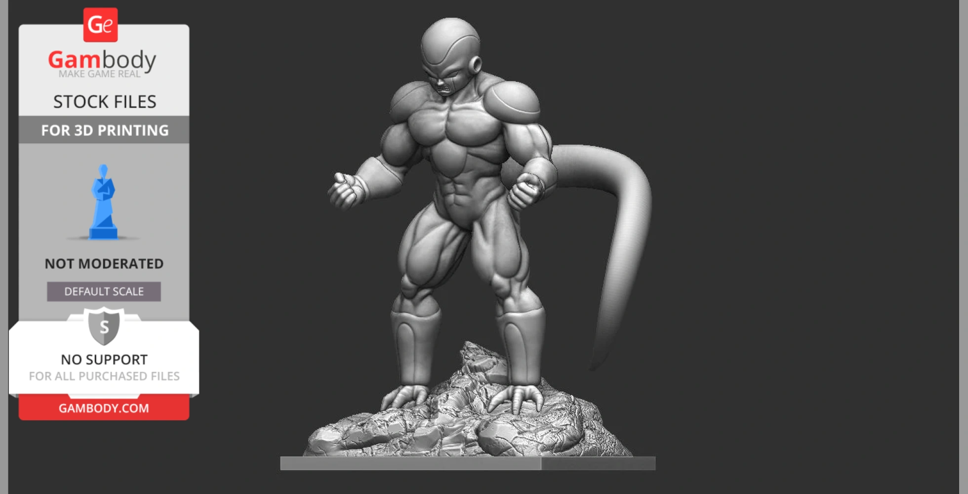 A muscular character with a long tail stands on a rocky base, posed aggressively, ready for 3D printing.