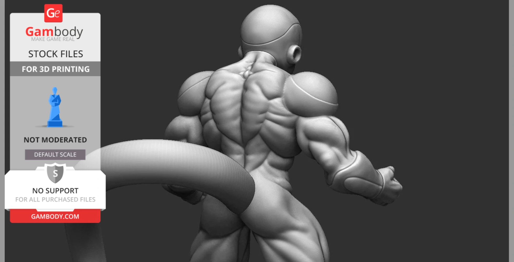 3D model of a muscular character with a tail, seen from the back, designed for 3D printing.