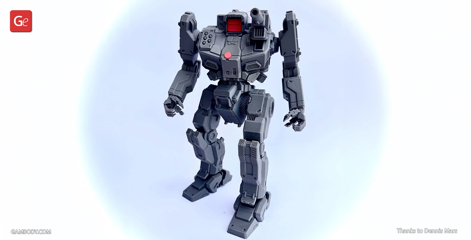A detailed 3D model of the Shadow Hawk Battlemech from MechWarrior, gray with red accents.