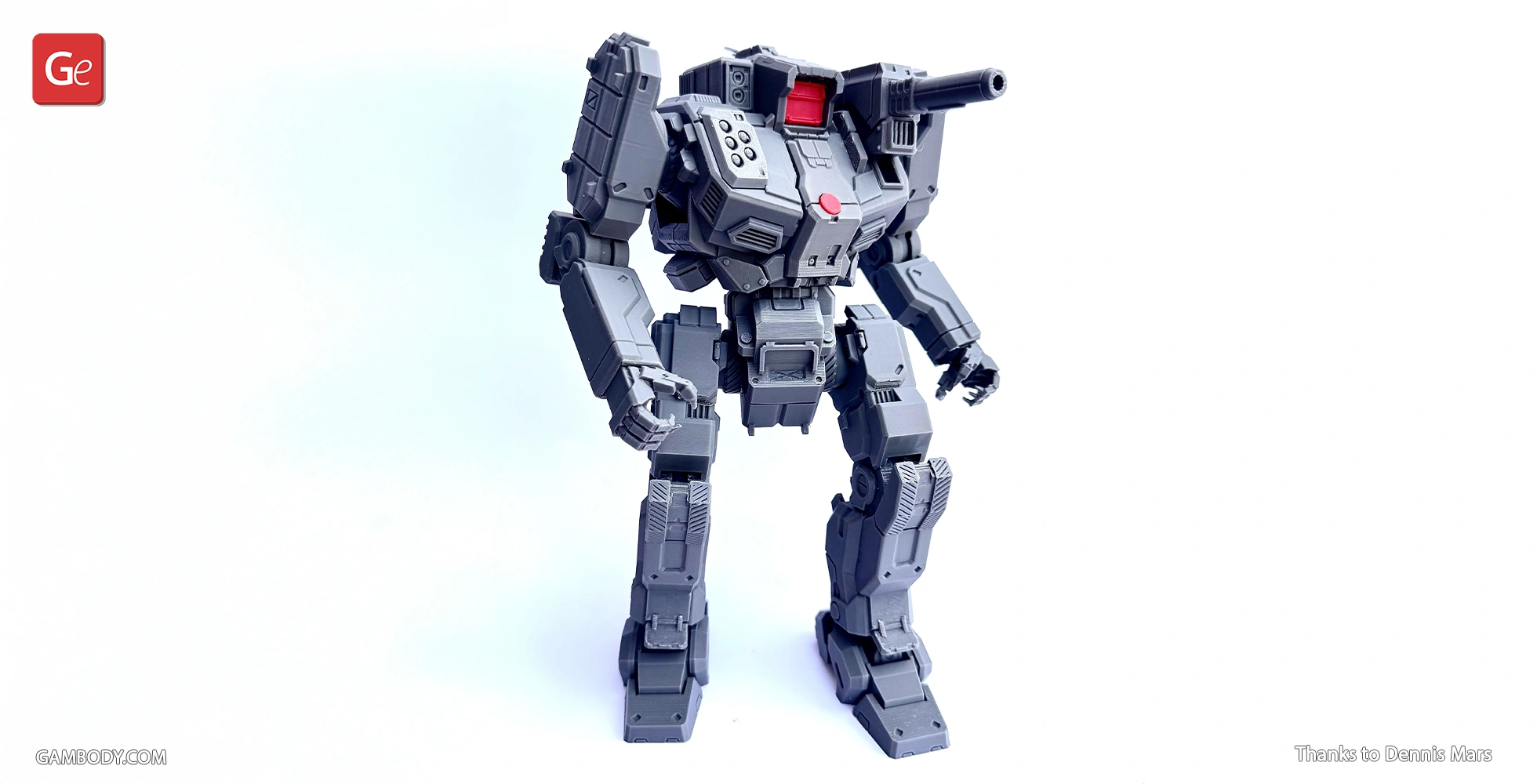 A detailed, gray mech robot model with articulated limbs and weaponry, designed for 3D printing.