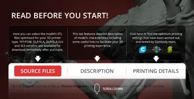 A 3D printing guide for selecting STL files with tabs for source files, descriptions, and printing details.