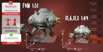 A sculpted Rootmars from Metal Slug with two sizes for 3D printing, shown with dimensions and features.
