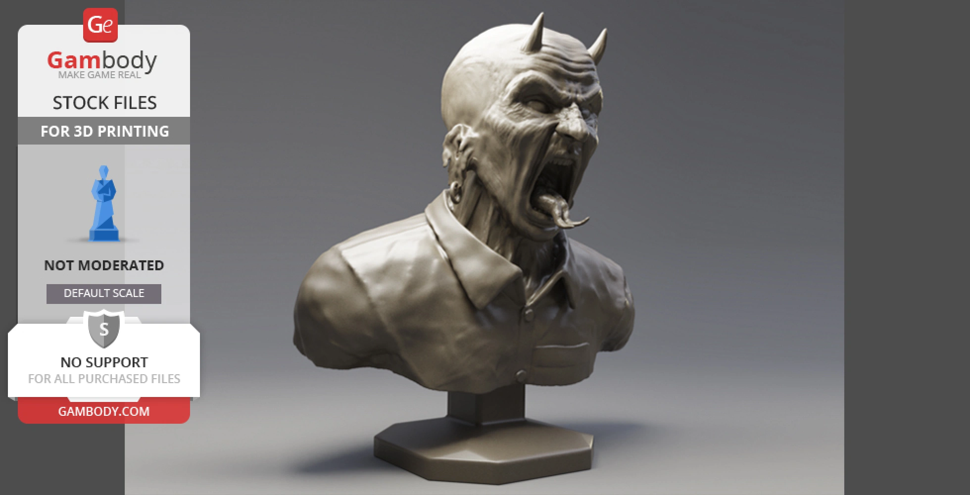 Demonic bust with open mouth, horns, and detailed features, suitable for 3D printing.