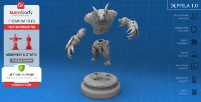 3D model of a bear-like warrior with armor, split into parts for assembly, on a display base.