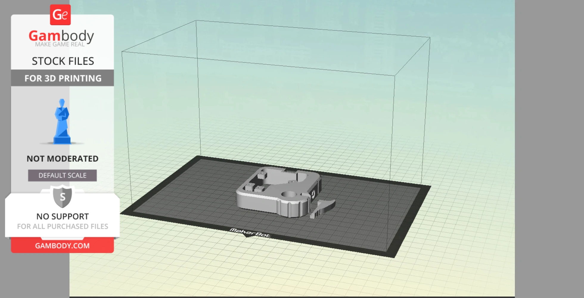 A 3D model file of a Fallout 4 laser pistol part for printing, displayed on a MakerBot virtual grid.