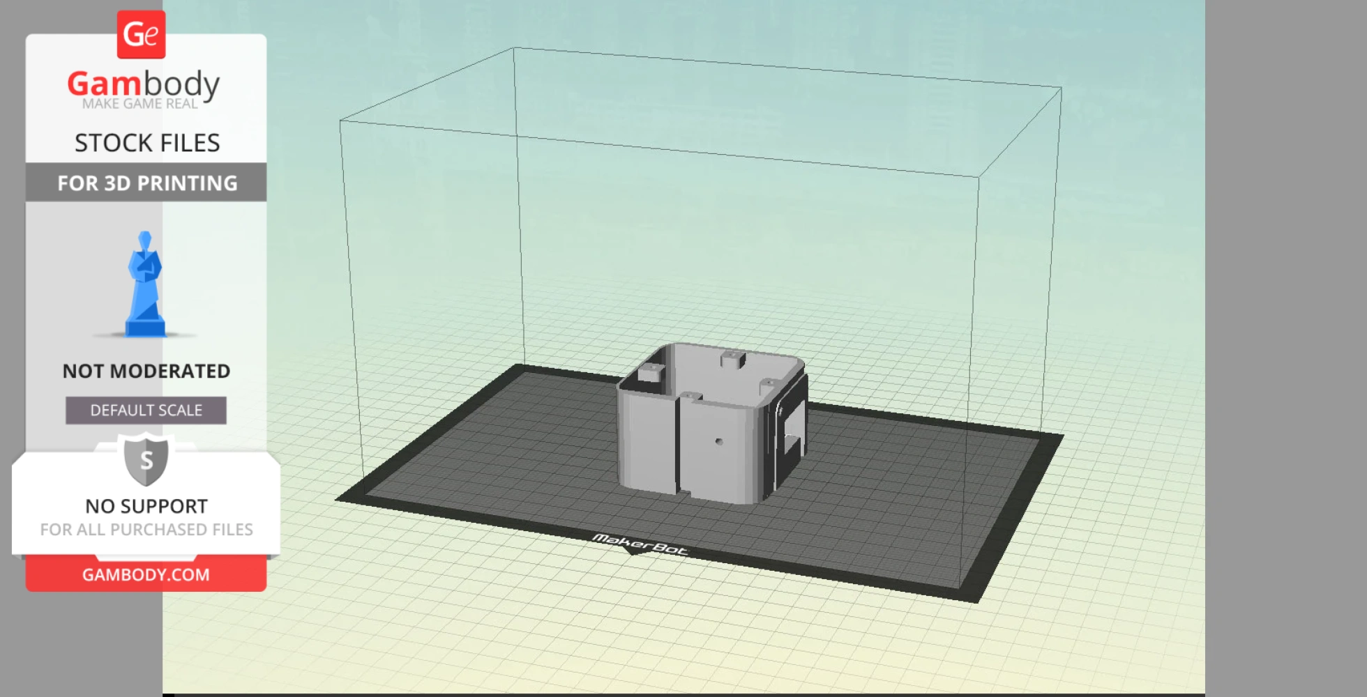 3D model of a laser pistol part on a MakerBot print bed for 3D printing.