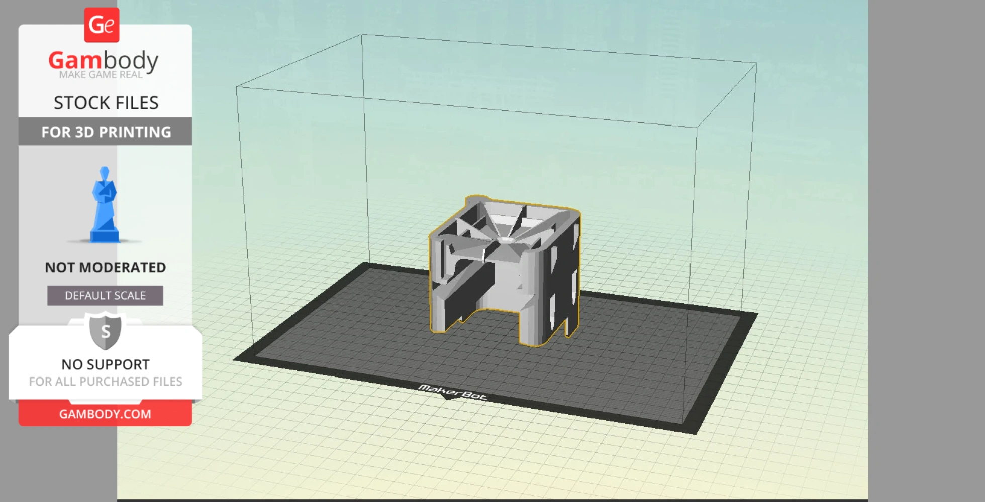 A 3D model of a component for a Fallout 4 laser pistol displayed on a MakerBot 3D printer platform.