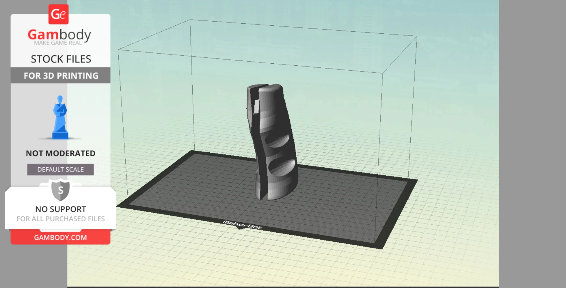 3D model of a laser pistol grip on a virtual printing platform, ready for 3D printing.