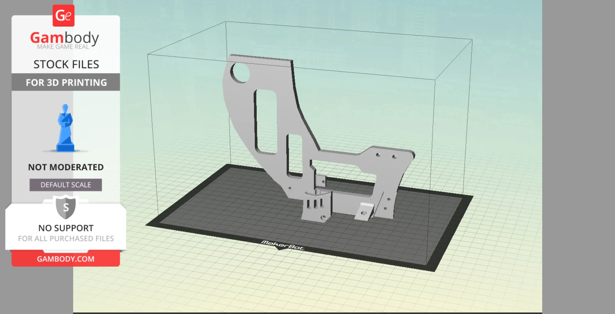 A 3D printing model of a laser pistol part from Fallout 4 displayed on a virtual print bed.