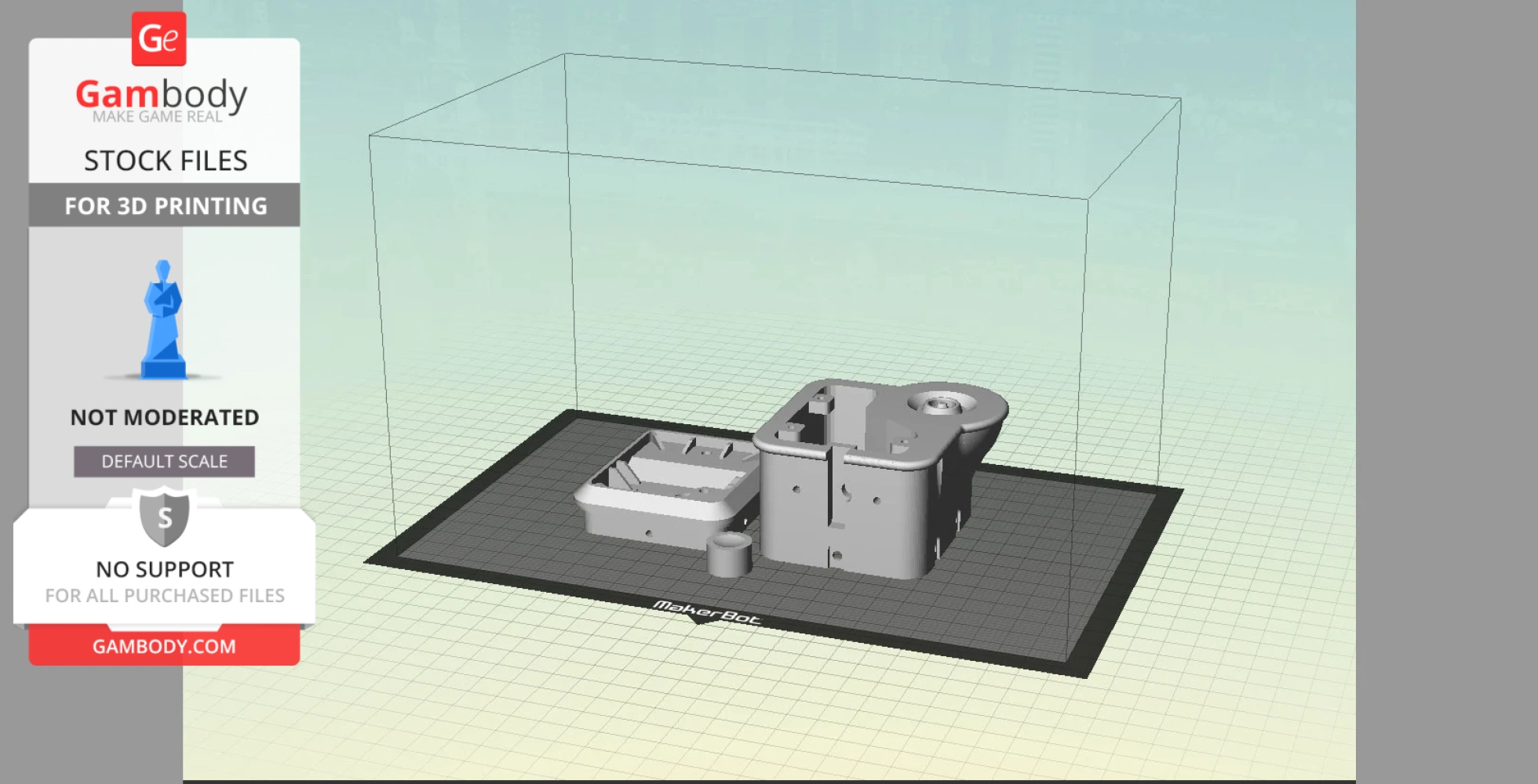 3D printing layout of Fallout 4 laser pistol parts on a MakerBot grid platform.