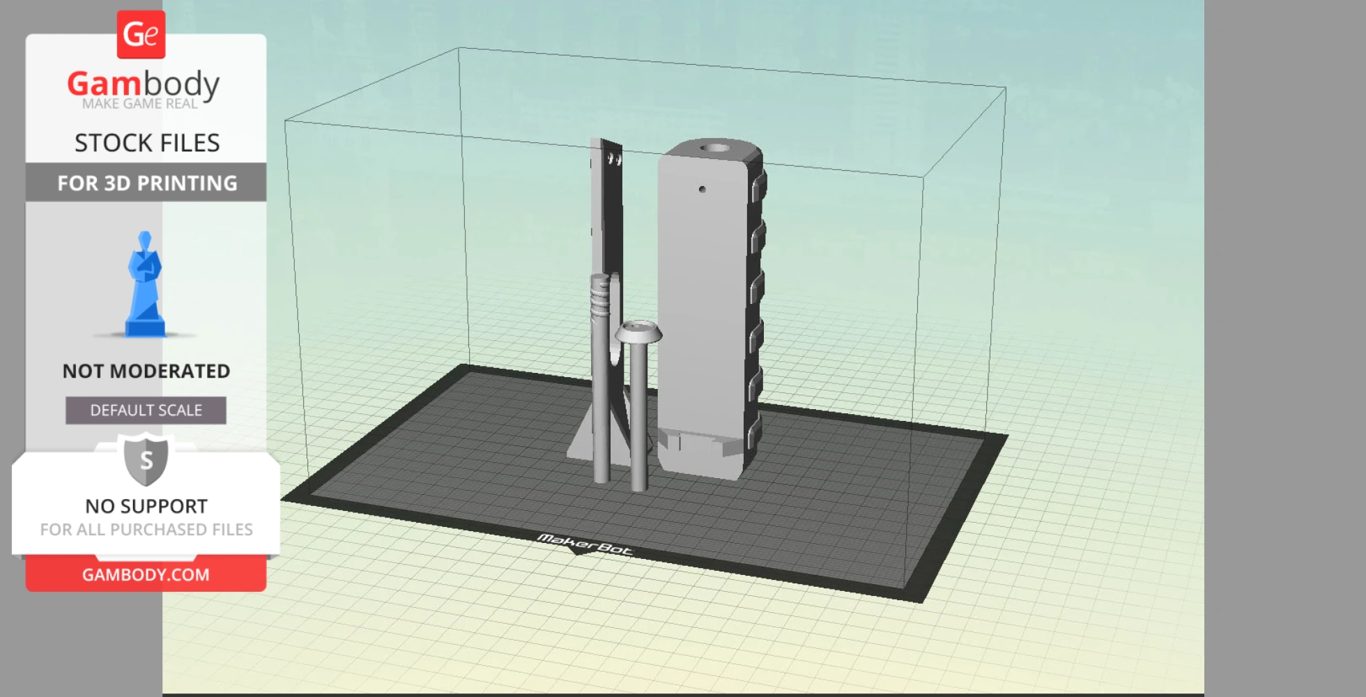 3D model of a Fallout 4 laser pistol on a MakerBot print bed for printing.