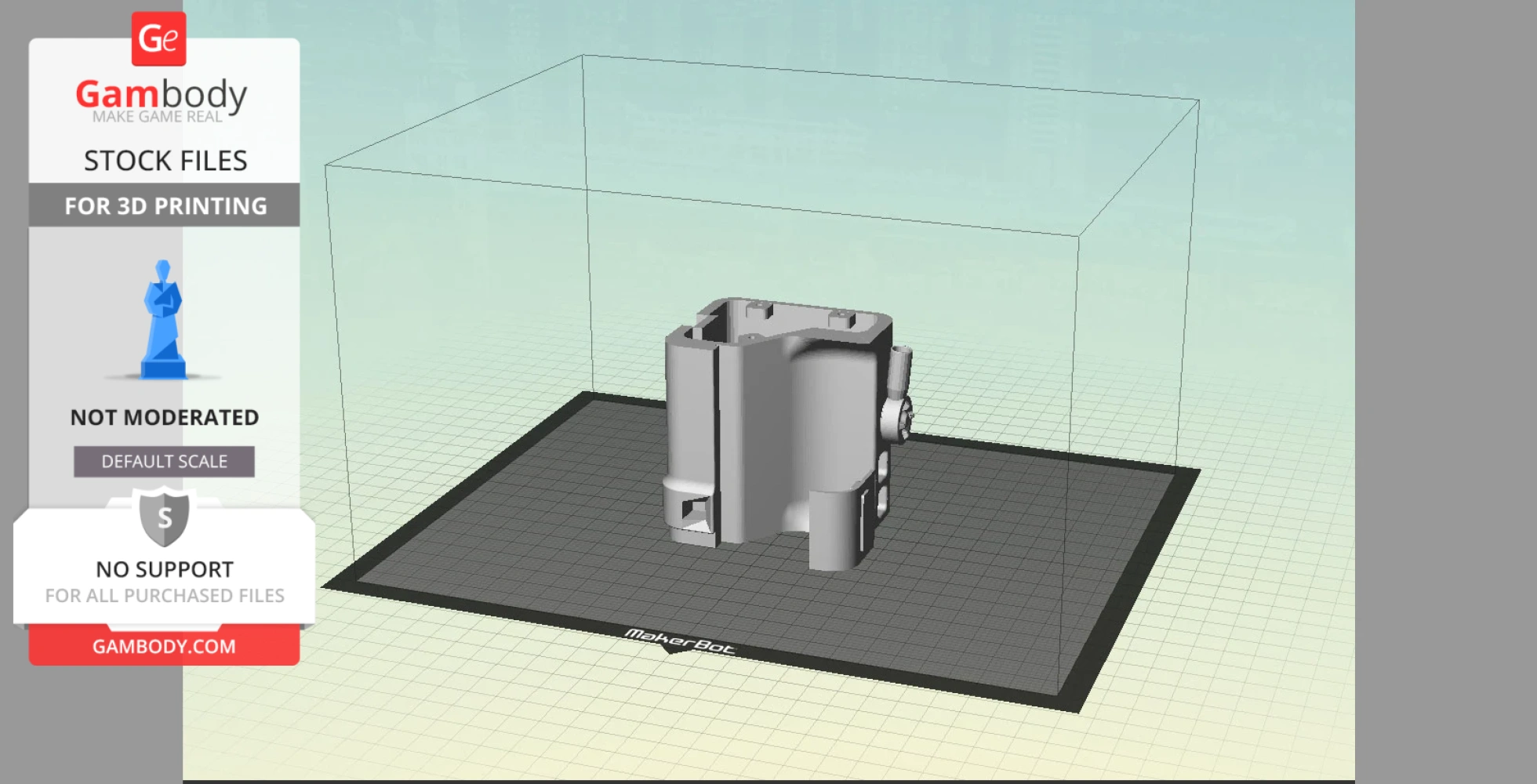 3D model of a part for a Fallout 4 laser pistol displayed on a virtual printing bed.