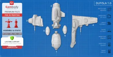 Layout of 3D printable parts for Taranis ship from EVE Online, including body and wings on blueprint background.