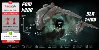 A 3D model of the Taranis ship from EVE Online, showing two print scales: 1:200 FDM and 1:400 SLA.