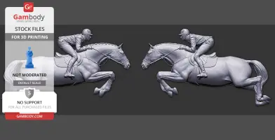 Horse and jockey in dynamic riding pose, depicted in mirrored 3D printable STL files.