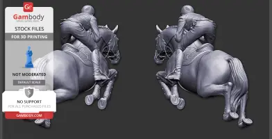 3D model of a jockey riding a horse in motion, presented from two angles for 3D printing.