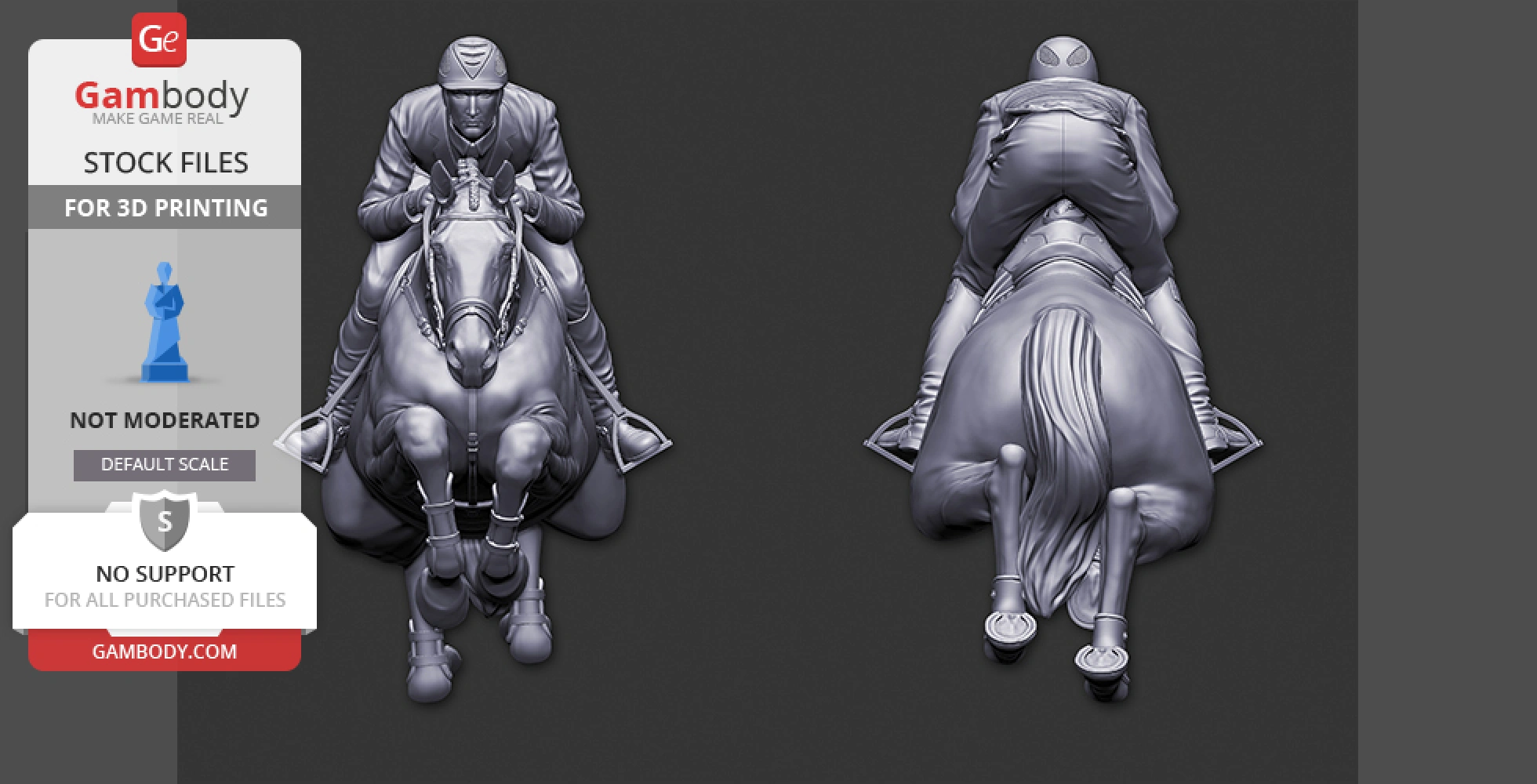 A jockey in riding pose on a galloping horse, depicted in STL format for 3D printing. Front and back views.