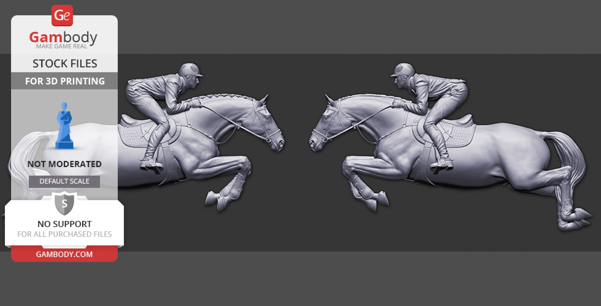 Horse and jockey in dynamic riding pose, depicted in mirrored 3D printable STL files.