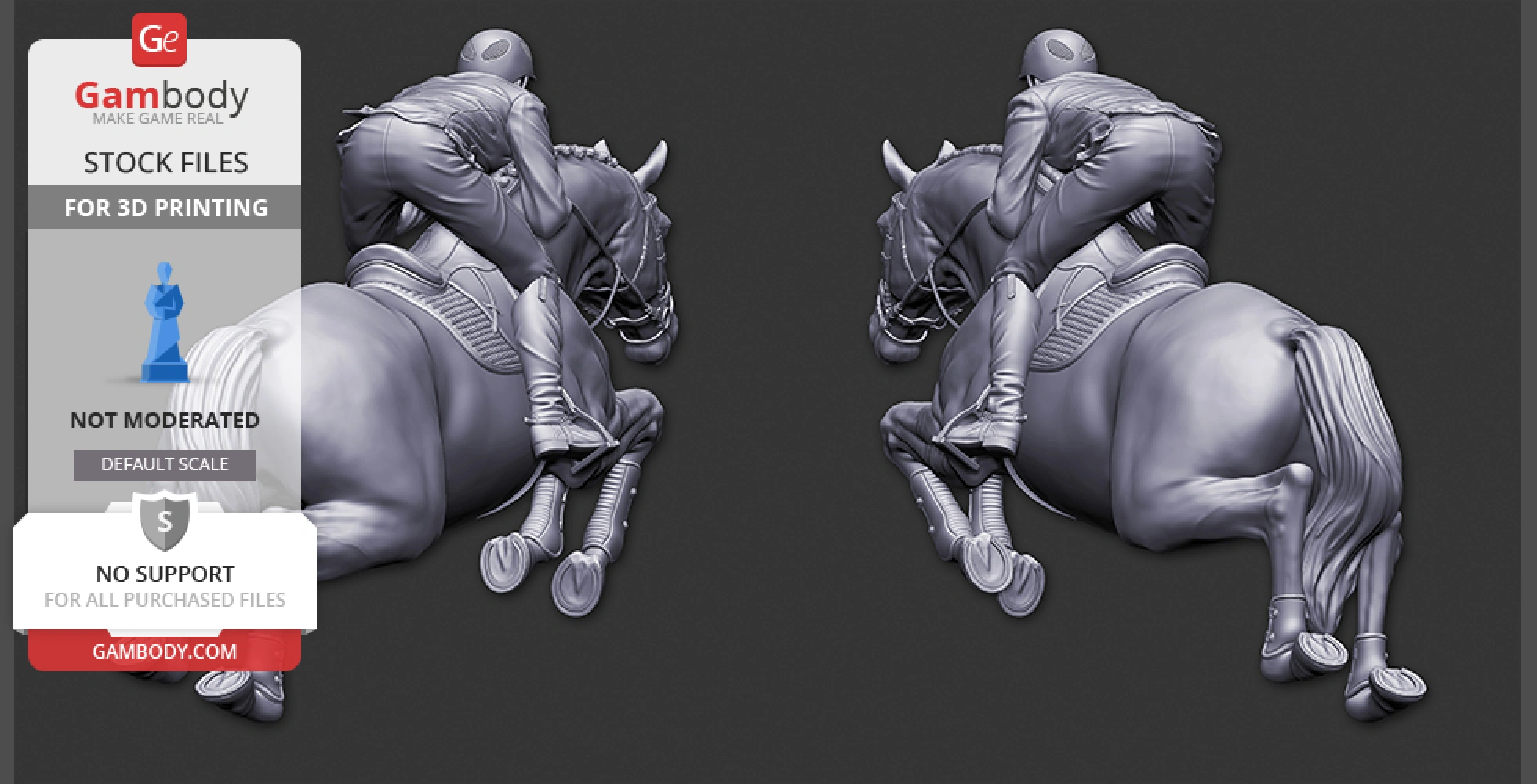 3D model of a jockey riding a horse in motion, presented from two angles for 3D printing.